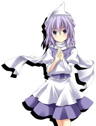 Rule 34 | 1girl, apron, blush, hat, highres, juliet sleeves, letty whiterock, light purple hair, long sleeves, looking at viewer, own hands together, puffy sleeves, purple eyes, rappa (rappaya), scarf, shirt, simple background, skirt, skirt set, smile, solo, touhou, waist apron, white background, wide sleeves