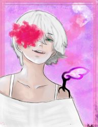 Rule 34 | absurdres, highres, mutsuki tooru, open mouth, simple background, solo, tokyo ghoul, tokyo ghoul:re, white hair