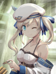 Rule 34 | 1girl, beret, blonde hair, blue eyes, breasts, bullet, cleavage, commentary request, cucouroux (granblue fantasy), detached sleeves, granblue fantasy, hair ribbon, haniwa (leaf garden), hat, highres, long sleeves, medium breasts, off shoulder, one eye closed, ribbon, sidelocks, smile, solo, spaghetti strap, twintails, upper body, window
