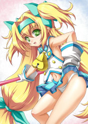 Rule 34 | 1girl, :d, armpits, bell, blazblue, blonde hair, bow, child, collar, gloves, gradient background, green eyes, hair bow, hairband, highres, long hair, midriff, navel, neck bell, open mouth, panties, pantyshot, platinum the trinity, roura, sleeveless, smile, solo, staff, twintails, underwear, very long hair