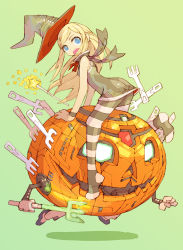 Rule 34 | 1girl, black dress, blonde hair, blue eyes, commentary request, dress, fork, full body, green background, hat, jack-o&#039;-lantern, long hair, looking at viewer, mecha, nakayama tooru, neck ribbon, open mouth, original, pantyhose, red ribbon, ribbon, riding, robot, simple background, sleeveless, sleeveless dress, solo, star wand, striped clothes, striped pantyhose, teeth, upper teeth only, witch hat