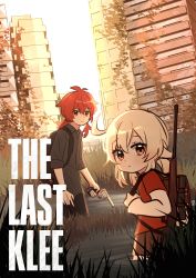 Rule 34 | 1boy, 1girl, absurdres, alternate costume, backpack, bag, blonde hair, building, closed mouth, commentary, diluc (genshin impact), english commentary, genshin impact, grass, gun, hair between eyes, handgun, highres, holding, holding gun, holding weapon, klee (genshin impact), long hair, long sleeves, looking at viewer, low twintails, outdoors, over shoulder, parody, pointy ears, ponytail, red eyes, red hair, red shirt, shirt, short twintails, the last of us, the last of us (series), twintails, wading, water, weapon, weapon over shoulder, zhacaitan