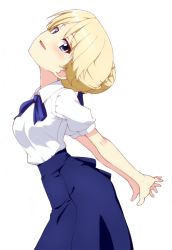 Rule 34 | 1girl, arched back, arms behind back, artoria pendragon (all), artoria pendragon (fate), bare arms, blonde hair, blouse, blue bow, blue bowtie, blue eyes, blue ribbon, blue skirt, blush, bow, bowtie, braid, braided bun, collared shirt, commentary, cosplay, darjeeling (girls und panzer), fate/stay night, fate (series), from side, girls und panzer, hair bun, hair ribbon, head back, high-waist skirt, kayabakoro, looking at viewer, looking to the side, open mouth, own hands together, ribbon, saber (fate), saber (fate) (cosplay), shirt, short sleeves, single hair bun, skirt, smile, solo, standing, stretching, white background, white shirt