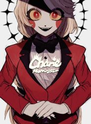 1girl blonde_hair blush_stickers charlie_morningstar colored_sclera demon_girl formal_clothes hazbin_hotel highres neg_50asu pink_suit red_eyes smile solo suit yellow_sclera