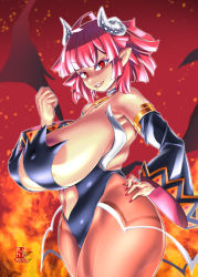 Rule 34 | 1girl, :d, armpits, bare shoulders, black choker, breasts, brown pantyhose, choker, cleavage, cowboy shot, curled horns, demon girl, demon horns, detached sleeves, disgaea, fangs, fiery background, fire, hand on own hip, hand up, horns, huge breasts, jewelry, la pucelle, large areolae, long sleeves, looking at viewer, maou prier, mole, mole under eye, nail polish, navel, open mouth, pantyhose, pink eyes, pink hair, pointy ears, prier, red nails, revealing clothes, ring, segmented horns, short hair, sidelocks, skindentation, smile, solo, standing, stomach, v-shaped eyebrows