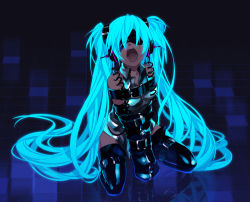 Rule 34 | 1girl, anime coloring, aqua hair, armbinder, bdsm, belt, black thighhighs, blindfold, bondage, bound, bound arms, checkered floor, detached sleeves, floor, frogtie, glowing, glowing hair, hair ornament, hatsune miku, headphones, leather, long hair, neon lights, open mouth, osamu (jagabata), reflection, reflective floor, sensory deprivation, sitting, skirt, solo, thighhighs, torture, twintails, very long hair, vocaloid, zettai ryouiki