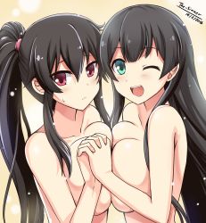 Rule 34 | 10s, 2girls, :d, agano (kancolle), aqua eyes, bare arms, bare shoulders, black hair, blush, breast press, breasts, cleavage, collarbone, convenient censoring, embarrassed, eyebrows, eyelashes, female focus, hair between eyes, happy, highres, holding hands, interlocked fingers, kantai collection, large breasts, long hair, looking at viewer, multiple girls, neck, nude, one eye closed, open mouth, ponytail, red eyes, round teeth, shy, sidelocks, smile, symmetrical docking, teeth, the-sinner, upper body, very long hair, wink, yahagi (kancolle), yuri