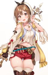 Rule 34 | 1girl, :d, absurdres, atelier (series), atelier ryza, atelier ryza 1, bad id, bad twitter id, belt, beret, black gloves, breasts, brown eyes, brown hair, cleavage, clothing cutout, cowboy shot, crop top, flask, gloves, hair ornament, hairclip, hand up, hat, highres, hip vent, holding, jewelry, long sleeves, looking at viewer, medium breasts, midriff, navel, necklace, open mouth, potion, red shorts, reisalin stout, shirt, short hair, short shorts, shorts, shoulder cutout, simple background, single glove, skindentation, smile, solo, staff, thigh gap, thighhighs, thighs, tokkyu, white background, white hat, white shirt