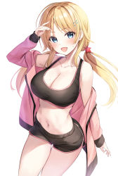 Rule 34 | 1girl, :d, arm up, bare shoulders, black shorts, blonde hair, blue eyes, breasts, cleavage, collarbone, cowboy shot, crop top, dolphin shorts, hachimiya meguru, hair ornament, hairclip, highres, idolmaster, idolmaster shiny colors, jacket, large breasts, long hair, long sleeves, looking at viewer, low twintails, midriff, navel, off shoulder, open clothes, open jacket, open mouth, oryo (oryo04), pink jacket, shirt, short shorts, shorts, simple background, sleeveless, sleeveless shirt, smile, solo, sports bra, stomach, sweat, thigh gap, thighs, twintails, white background