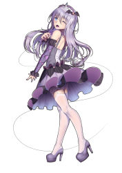 Rule 34 | 1girl, bat hair ornament, blue eyes, detached sleeves, dress, fang, from side, full body, garter straps, hair between eyes, hair ornament, high heels, holding, holding microphone, idol, long hair, looking at viewer, microphone, open mouth, original, platform footwear, pumps, purple footwear, purple hair, purple skirt, shoes, simple background, skirt, smile, solo, thighhighs, tiara, white background, white thighhighs, xiaosan ye