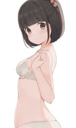 Rule 34 | 1girl, belly, black eyes, black hair, blush, bob cut, bra, breasts, clenched hand, closed mouth, expressionless, hair bobbles, hair ornament, hand up, highres, hiroki (yyqw7151), looking at viewer, looking back, medium breasts, original, panties, simple background, solo, underwear, underwear only, white background, white bra, white panties