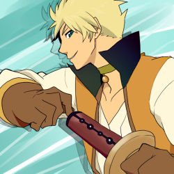 Rule 34 | 00s, 1boy, aqua background, blonde hair, choker, gloves, green eyes, guy cecil, male focus, smile, solo, sword, tales of (series), tales of the abyss, weapon