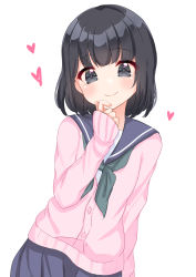 Rule 34 | 1girl, black eyes, black hair, blue sailor collar, blue skirt, blush, cardigan, closed mouth, green neckerchief, hand up, heart, highres, long sleeves, looking at viewer, neckerchief, original, pink cardigan, pleated skirt, sailor collar, school uniform, serafuku, shirt, simple background, skirt, sleeves past wrists, smile, solo, suzu (minagi), white background, white shirt