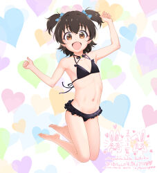Rule 34 | 1girl, :d, absurdres, akagi miria, arm up, bare arms, bare legs, bare shoulders, barefoot, bikini, black bikini, black hair, blue bow, blush, bow, brown eyes, collarbone, commentary request, frilled bikini, frills, full body, hair between eyes, hair bow, hand up, heart, heart background, highres, idolmaster, idolmaster cinderella girls, kneeling, looking at viewer, mayafufu, navel, open mouth, smile, solo, swimsuit, two side up, white background