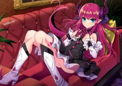 Rule 34 | 10s, 1girl, absurdres, ass, black dress, blue eyes, boots, closed mouth, commentary request, couch, curled horns, detached sleeves, dragon girl, dragon horns, dragon tail, dress, elizabeth bathory (fate), elizabeth bathory (fate/extra ccc), elizabeth bathory (first ascension) (fate), fate/extra, fate/extra ccc, fate (series), hair between eyes, hair ribbon, hands up, high heel boots, high heels, highres, horns, indoors, knee boots, long hair, long sleeves, lying, makise minami, on back, on couch, picture frame, pink hair, purple ribbon, ribbon, smile, solo, spiked boots, spikes, steepled fingers, tail, two side up, very long hair, white footwear