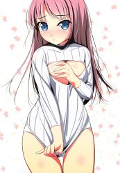 Rule 34 | blue eyes, blush, breasts, cleavage, closed mouth, clothes tug, commentary request, cowboy shot, embarrassed, light frown, long hair, long sleeves, looking at viewer, matsunaga kouyou, medium breasts, meme attire, nose blush, open-chest sweater, original, panties, pantyshot, pink hair, ribbed sweater, shiny skin, solo, standing, star (symbol), starry background, sweater, sweater tug, tareme, thigh gap, thighs, underwear, white panties, white sweater