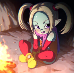 1girl blue_skin bodysuit bonfire colored_skin crossed_legs detached_sleeves dragon_ball dragon_ball_daima fire gloves grey_hair on_ground open_mouth orange_bodysuit pansy_(dragon_ball_daima) pointy_ears purple_eyes purple_scarf red_sleeves red_thighhighs rom_(20) scarf sitting solo thighhighs twintails yellow_footwear yellow_gloves