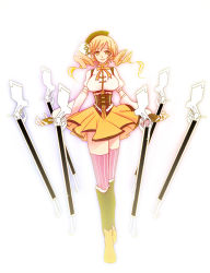 Rule 34 | 10s, 1girl, beret, blonde hair, boots, breasts, brown thighhighs, corset, detached sleeves, drill hair, fingerless gloves, gloves, gun, hat, large breasts, magical girl, magical musket, mahou shoujo madoka magica, mahou shoujo madoka magica (anime), pleated skirt, puffy sleeves, skirt, smile, solo, striped clothes, striped thighhighs, thighhighs, tomoe mami, twin drills, twintails, vertical-striped clothes, vertical-striped thighhighs, weapon, yellow eyes, yukiyanagi raki