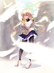 Rule 34 | 1girl, black pantyhose, blonde hair, blue archive, feathers, hair flaps, halo, hifumi (blue archive), long hair, looking at viewer, luvents3, pantyhose, pink hair, school uniform, serafuku, solo, twintails, yellow eyes