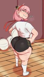 Rule 34 | 1girl, absurdres, aged up, ahoge, anya&#039;s heh face (meme), anya (spy x family), artist name, ass, ball, black shorts, blush, earrings, from behind, green eyes, gym, gym uniform, hair ornament, hands on own hips, headband, highres, holding, holding ball, huge ass, jewelry, looking back, medium hair, meme, motion lines, pink hair, shirt, shoes, short shorts, short sleeves, shorts, smile, smug, socks, solo, spy x family, sweat, thick thighs, thighs, volleyball (object), white shirt, yamathegod