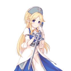 Rule 34 | 1girl, blonde hair, blue headwear, gloves, holding, holding sword, holding weapon, long hair, looking ahead, looking at viewer, official art, princess connect!, solo, sword, tachi-e, transparent background, weapon, white gloves, yukari (princess connect!)