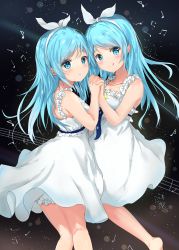 Rule 34 | 2girls, :q, absurdres, aqua eyes, aqua hair, bare shoulders, blush, bow hairband, closed mouth, dress, hair ribbon, hairband, highres, holding hands, interlocked fingers, long hair, looking at viewer, multiple girls, musical note, na kyo, near (sound voltex), noah (sound voltex), ribbon, siblings, sisters, smile, sound voltex, staff (music), thick eyebrows, tongue, tongue out, twins, white dress, white hairband, white ribbon