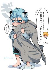 Rule 34 | ..., 1boy, aged down, alternate costume, animal ears, barefoot, bleach, blue hair, blush stickers, cat boy, cat ears, cat tail, child, closed mouth, commentary request, contemporary, embarrassed, facial mark, flying sweatdrops, frown, full body, grey jacket, grimmjow jaegerjaquez, hair between eyes, highres, holding, holding clothes, holding jacket, jacket, kurosaki ichigo, long sleeves, looking to the side, motion lines, orange hair, school uniform, short hair, simple background, solo, sound effects, speech bubble, spoken ellipsis, standing, tail, tears, translation request, twitter username, v-shaped eyebrows, white background, yanono 015