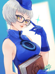 Rule 34 | 1girl, adjusting eyewear, bare shoulders, black-framed eyewear, blue dress, blue gloves, blue hat, bob cut, book, breasts, commentary request, dated, dress, elizabeth (persona), glasses, gloves, grey hair, hat, highres, holding, holding book, index finger raised, lips, looking at viewer, medium breasts, parted lips, persona, persona 3, pink lips, qoo1234, short hair, signature, sleeveless, sleeveless dress, smile, solo, yellow eyes