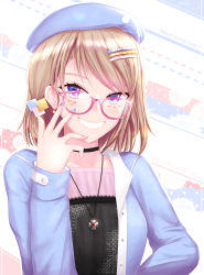 Rule 34 | 1girl, alternate costume, azur lane, bespectacled, breasts, brown hair, commentary, glasses, hat, highres, long sleeves, looking at viewer, multicolored nails, nail polish, p ion, pink-framed eyewear, purple eyes, short hair, smile, solo, upper body, z23 (azur lane)