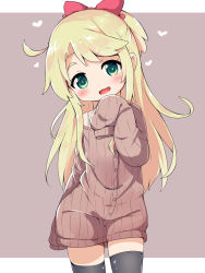 Rule 34 | 1girl, arm behind back, black thighhighs, blonde hair, bow, brown cardigan, cardigan, commentary request, green eyes, grey background, hair bow, hand to own mouth, head tilt, heart, highres, himesaka noa, long hair, makuran, no pants, open mouth, ponytail, ribbon, simple background, sleeves past wrists, smile, solo, thighhighs, watashi ni tenshi ga maiorita!, zettai ryouiki
