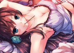 Rule 34 | 1girl, armpits, babydoll, bare arms, blue eyes, blush, book, breasts, brown hair, cleavage, clock, collarbone, headphones, long hair, looking at viewer, lying, on back, original, panties, pocky, ribbon-trimmed clothes, ribbon trim, smile, solo, string panties, tenchou no matsumoto, thighhighs, underwear