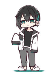 Rule 34 | 1boy, :o, animal slippers, black hair, black shirt, blush, collarbone, colored shadow, commentary request, ear piercing, earrings, full body, green eyes, green hair, grey pants, hair between eyes, highres, jacket, jewelry, long sleeves, looking at viewer, male focus, mayuzumi kai, multicolored hair, nijisanji, nozo (hitomiz), open clothes, open jacket, pants, parted lips, piercing, shadow, shirt, sleeves past fingers, sleeves past wrists, slippers, solo, standing, streaked hair, virtual youtuber, white background, white footwear, white jacket