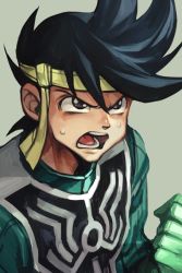 Rule 34 | 1boy, black eyes, black hair, clenched hand, dragon quest, dragon quest dai no daibouken, frown, gloves, green gloves, green jacket, grey background, headband, hungry clicker, jacket, male focus, open mouth, pop (dragon quest dai no daibouken), simple background, solo, sweatdrop, tongue
