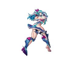 Rule 34 | 1girl, aqua hair, armor, ass, blue eyes, boots, breasts, broken armor, feet, female focus, full body, functionally nude, game cg, hands up, high ponytail, horns, huge breasts, knife, legs, legs apart, long hair, looking at viewer, melon22, original, parted lips, ponytail, serious, sideboob, sidelocks, single horn, solo, standing, thighs, transparent background, weapon
