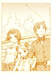 Rule 34 | 1boy, 2girls, aircraft, airplane, belt, border, bun cover, buttons, child, closed mouth, clothes around waist, cloud, contrail, crop top, cropped shirt, double bun, dress, family, goggles, goggles around neck, hair bun, hand on another&#039;s back, hand on belt, holding another&#039;s arm, jacket, jacket around waist, jumpsuit, last exile, long sleeves, looking afar, looking at viewer, looking away, midriff, monochrome, multiple girls, murata range, navel, outdoors, sepia, short hair, short sleeves, smile, standing, upper body