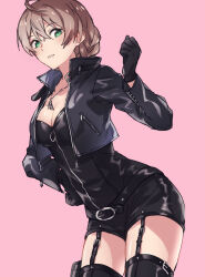 Rule 34 | 1girl, ahoge, belt, black belt, black bodysuit, black gloves, black jacket, black thighhighs, blush, bodysuit, braid, breasts, brown hair, cleavage, clenched hand, cowboy shot, cropped jacket, from side, garter straps, gloves, green eyes, hair between eyes, hand on own hip, hand up, idolmaster, idolmaster million live!, idolmaster million live! theater days, jacket, jewelry, large breasts, leaning forward, long sleeves, looking at viewer, necklace, open clothes, open jacket, parted lips, pink background, sakuramori kaori, satsumi, short hair, simple background, solo, standing, thighhighs, zipper, zipper pull tab