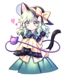 Rule 34 | 1girl, :3, animal ear fluff, animal ears, bow, cat ears, cat tail, commentary, frilled shirt collar, frilled sleeves, frills, green eyes, green hair, green skirt, hat, hat bow, heart, heart-shaped pupils, kemonomimi mode, komeiji koishi, long hair, long sleeves, looking at viewer, miy 001, shirt, simple background, skirt, sleeves past fingers, sleeves past wrists, smile, solo, symbol-shaped pupils, tail, tilted headwear, touhou, wavy hair, white background, wide sleeves, yellow bow, yellow shirt