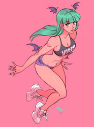 Rule 34 | 1girl, animal print, bat print, breasts, cleavage, commentary, detached wings, english commentary, fingernails, full body, green eyes, green hair, head wings, long fingernails, medium breasts, mini wings, morrigan aensland, navel, pink background, print shorts, purple shorts, shoes, shorts, sneakers, solo, sports bra, vampire (game), vashperado, wings