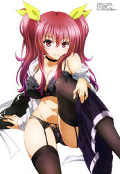 Rule 34 | 10s, 1girl, absurdres, bra, breasts, choker, cleavage, female focus, garter belt, garter straps, highres, large breasts, lipstick, long hair, makeup, megami magazine, non-web source, official art, open m/, panties, rakudai kishi no cavalry, red eyes, red hair, school uniform, simple background, smile, solo, stella vermillion, thighhighs, twintails, underwear, undressing, white background, yamamoto ryousuke