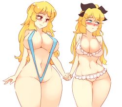 Rule 34 | 2girls, :t, arm behind back, bikini, black ribbon, blonde hair, blue eyes, blue one-piece swimsuit, blush, breasts, commentary, english commentary, groin, hair ribbon, holding hands, katawa shoujo, large breasts, long hair, looking at another, looking away, mature female, mole, mole under eye, mother and daughter, multiple girls, navel, nose blush, one-piece swimsuit, ponytail, pout, red eyes, ribbon, rtil, satou karla, satou lilly, simple background, slingshot swimsuit, smile, swimsuit, white background, white bikini