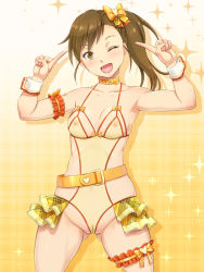 Rule 34 | 10s, 1girl, :d, arm garter, bdsm, belt, blush, bow, breasts, bridal garter, brown eyes, brown hair, cameltoe, collar, covered erect nipples, futami mami, gradient background, hair bow, idolmaster, idolmaster (classic), idolmaster one for all, nipples, one eye closed, open mouth, plaid, plaid background, pointing, pointing at self, see-through, shikuta maru, side ponytail, slave, small breasts, smile, solo, swimsuit, yellow theme