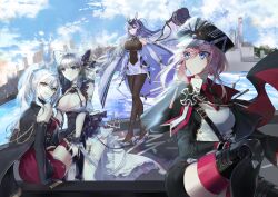 Rule 34 | 4girls, absurdres, animal ears, apron, azur lane, bare shoulders, black cape, black footwear, black gloves, black headwear, blue eyes, blue hair, blue sky, bodystocking, boots, breasts, buttons, cape, cheshire (azur lane), cloud, cloudy sky, coat, cross, detached sleeves, double-breasted, drake (azur lane), dress, elbow gloves, fake animal ears, floating hair, frilled dress, frills, from behind, garter straps, gloves, grey hair, hat, headgear, high heels, highres, iron cross, large breasts, long hair, long ribbon, long sleeves, military, military hat, military uniform, multicolored hair, multiple girls, new jersey (azur lane), outdoors, peaked cap, pink hair, ponytail, puffy detached sleeves, puffy sleeves, purple apron, purple hair, red dress, renirum 14, seydlitz (azur lane), shoes, sitting, sky, smile, streaked hair, thigh boots, thighhighs, two-tone dress, two-tone hair, uniform, very long hair, water, white coat, white dress, white footwear, white garter straps, white gloves, white thighhighs, yellow eyes