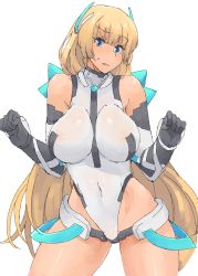 Rule 34 | 1girl, :o, angela balzac, bare shoulders, black gloves, blonde hair, blue eyes, blunt bangs, breasts, breasts apart, clenched hands, covered navel, cowboy shot, elbow gloves, gloves, hair ornament, halterneck, headgear, highleg, highleg leotard, large breasts, leotard, long hair, looking at viewer, low twintails, minakami (flyingman555), oekaki, open mouth, rakuen tsuihou, simple background, solo, standing, sweatdrop, thighs, turtleneck, twintails, very long hair, white background