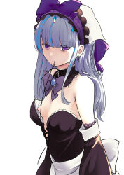 Rule 34 | black dress, blue hair, blunt bangs, breasts, commentary request, cross-laced clothes, culter, detached collar, detached sleeves, dress, eyes visible through hair, grey hair, lace, maid headdress, mouth hold, multicolored hair, nipples, original, oversized breast cup, purple eyes, small breasts, strapless, strapless dress, streaked hair, two-tone hair, upper body