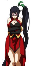 Rule 34 | 1girl, absurdres, arc system works, black hair, blazblue, blazblue: calamity trigger, breasts, china dress, chinese clothes, cleavage, cleavage cutout, clothing cutout, dress, female focus, glasses, hair ornament, highres, lao jiu, large breasts, litchi faye ling, long hair, official art, panda, ponytail, purple eyes, solo, transparent background, vector trace, very long hair