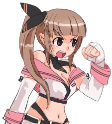 Rule 34 | 1girl, angry, baek changpo, bare shoulders, breasts, brown eyes, brown hair, cleavage, clenched hand, collar, fingerless gloves, gloves, hirosato, long hair, midriff, navel, senkou no ronde, side ponytail, simple background, solo, white background, white gloves