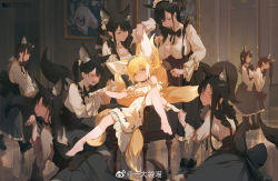 Rule 34 | 6+girls, animal ear fluff, animal ears, arknights, black hair, blonde hair, blue bow, blue choker, blue hairband, bow, breasts, chair, chinese commentary, choker, cleavage, closed eyes, closed mouth, dress, drooping, duster, extra ears, feather duster, female focus, fox ears, fox tail, gloves, green eyes, hairband, highres, indoors, kitsune, large breasts, long hair, maid, mansion, multiple girls, multiple tails, open mouth, orange eyes, picture frame, pixiv id, purple eyes, red eyes, sitting, socks, spread legs, suzuran (arknights), tail, tile floor, tiles, watermark, web address, weibo watermark, white dress, white gloves, white legwear, yi dadai miao