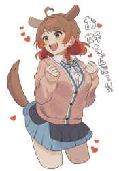 Rule 34 | 1girl, absurdres, ahoge, animal ears, blue overskirt, blue ribbon, blue skirt, blush, breasts, brown cardigan, brown hair, cardigan, clenched hands, commentary, cropped legs, dog ears, dog tail, gakuen idolmaster, hanami ume, hatsuboshi gakuen school uniform, heart, heart ahoge, highres, idolmaster, kemonomimi mode, large breasts, looking to the side, multicolored hair, neck ribbon, orange hair, pleated skirt, ribbon, school uniform, shirt, simple background, skirt, smile, solo, symbol-only commentary, tail, tail under clothes, translation request, two-tone hair, white background, white shirt, yureru 300