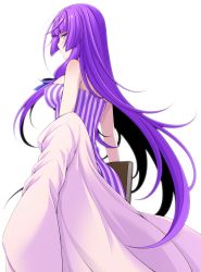 Rule 34 | 1girl, bare shoulders, book, breasts, dress, eichi yuu, highres, holding, holding book, long hair, medium breasts, patchouli knowledge, profile, purple eyes, purple hair, simple background, solo, standing, strapless, strapless dress, striped clothes, striped dress, touhou, very long hair, white background