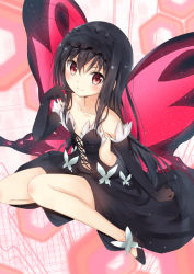 Rule 34 | 10s, 1girl, accel world, antenna hair, bad id, bad pixiv id, bare shoulders, black dress, black gloves, black hair, blush, butterfly wings, center opening, chm (macharge), dress, elbow gloves, gloves, hairband, insect wings, kuroyukihime, long hair, looking at viewer, red eyes, smile, solo, wings
